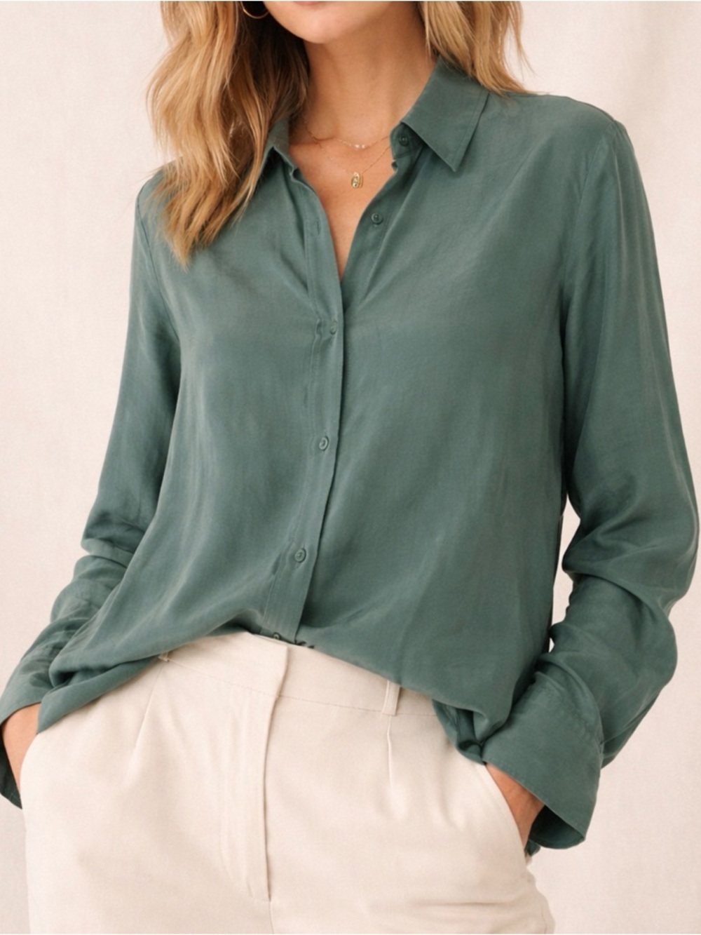 HATCH 100% Cupro Button Front Blouse Evergreen Size M-L